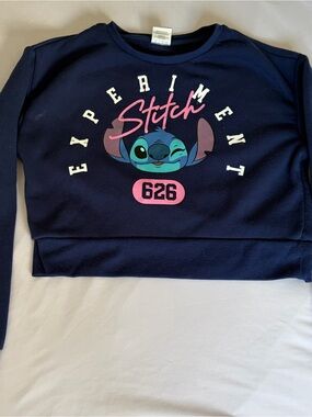 Disney Navy Blue Stitch Crewneck Sweatshirt with Pink Script